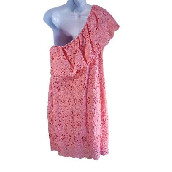 One Shoulder Eyelet Lace Dress Coral Color - Picture 3 of 7